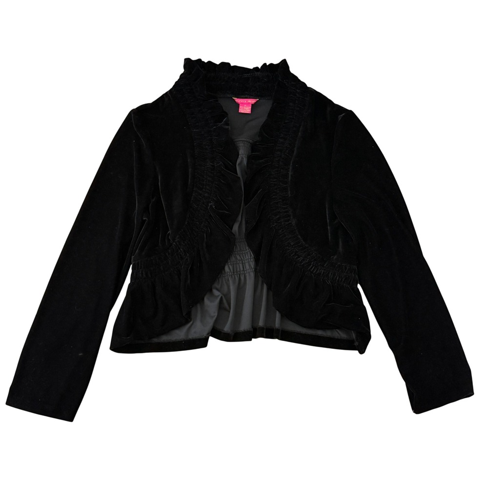 Y2K Velvet Cropped Bolero Jacket Womens XL Black Ruffle Smocked Witchy Whimsioth